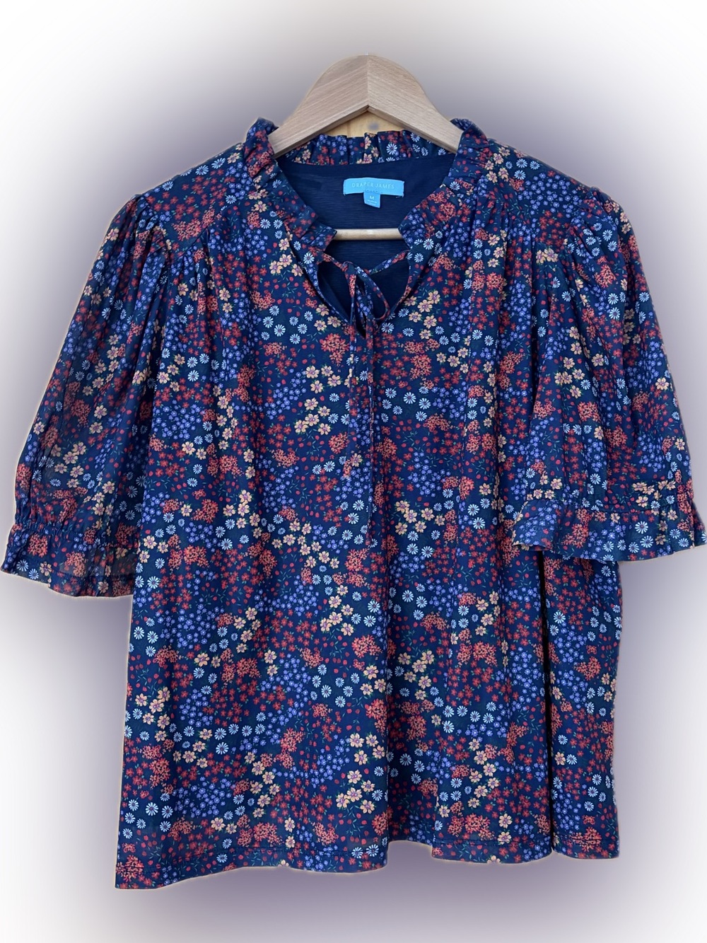 Draper James Navy Floral Tie-Neck Blouse